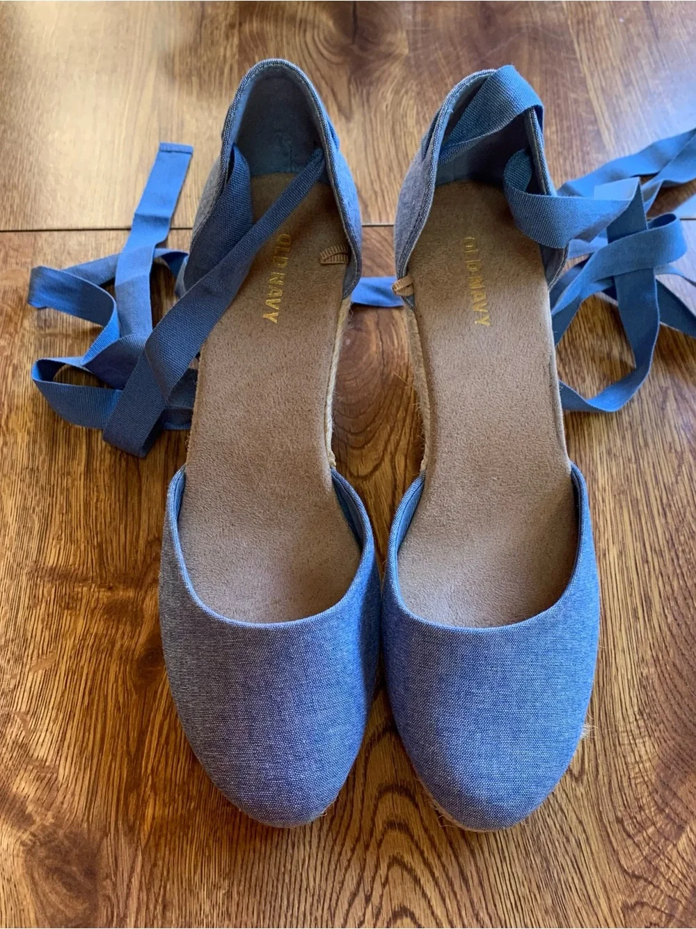 Blue Chambray Espadrille Wedge Sandals with Ankle Tie